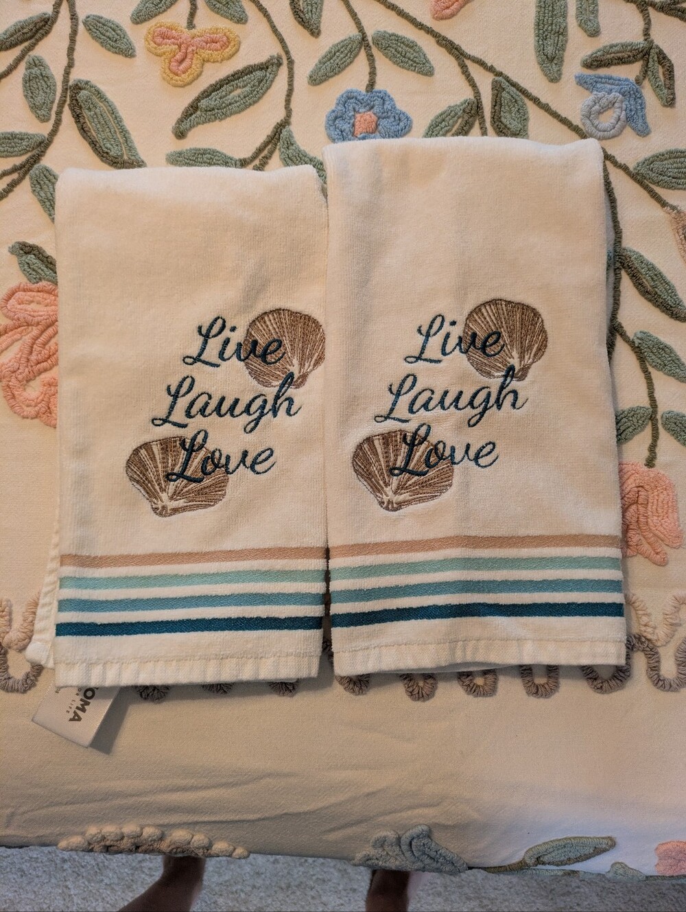 Live Laugh Love Embroidered 100% Cotton Hand Towels - White, Shells, Stripes